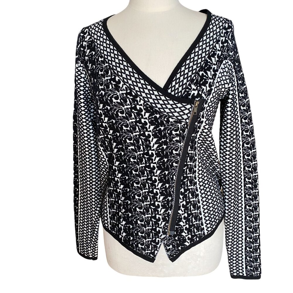 BKE Embroidered Asymmetrical Zip Moto Sweater Jacket Black White Edgy Mobwife-M